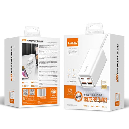 LDNIO A4610C PD65W Dual USB - C / Type - C + Dual USB Fast Charger, Cable Length: 1.5m, EU Plug·, A4610C (UK Plug), US Plug - ORIWHIZ