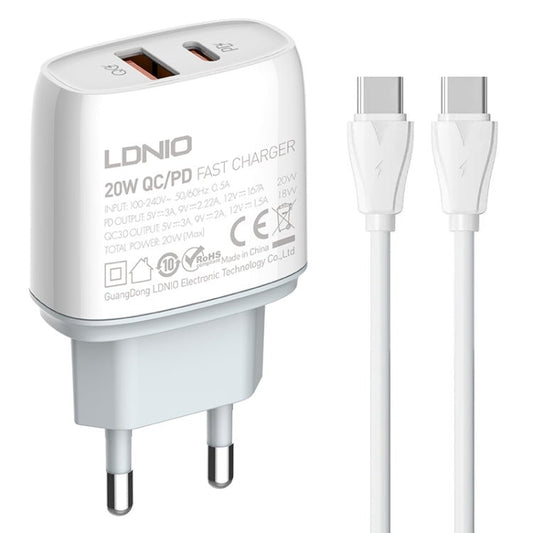 LDNIO Q229 QC3.0 / PD20W USB + Type - C Fast Charger with 1m Type - C to Type - C Cable, EU Plug, UK Plug, US Plug - ORIWHIZ