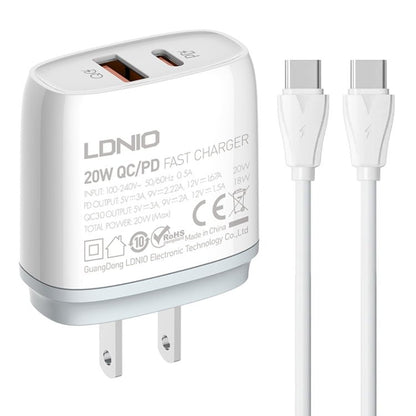 LDNIO Q229 QC3.0 / PD20W USB + Type - C Fast Charger with 1m Type - C to Type - C Cable, EU Plug, UK Plug, US Plug - ORIWHIZ