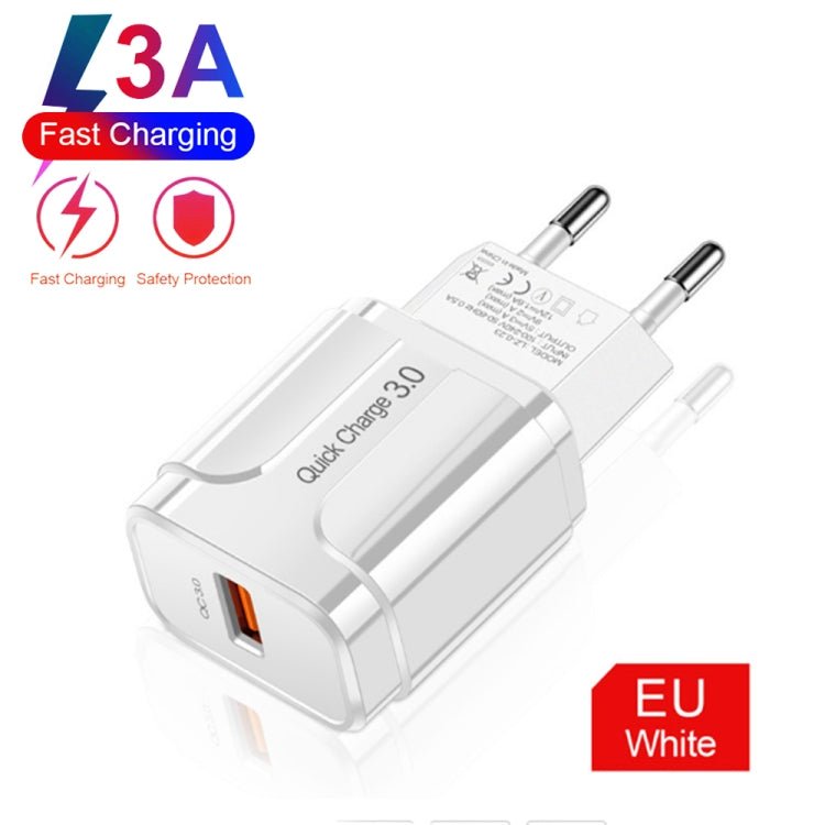 LZ - 023 18W QC 3.0 USB Portable Travel Charger + 3A USB to Micro USB Data Cable, EU Plug, Micro USB Data Cable, EU Plug - ORIWHIZ