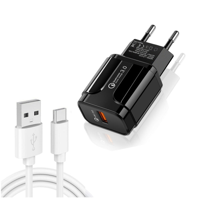 LZ - 023 18W QC 3.0 USB Portable Travel Charger + 3A USB to Type - C Data Cable, EU Plug, Type - C Data Cable, EU Plug - ORIWHIZ