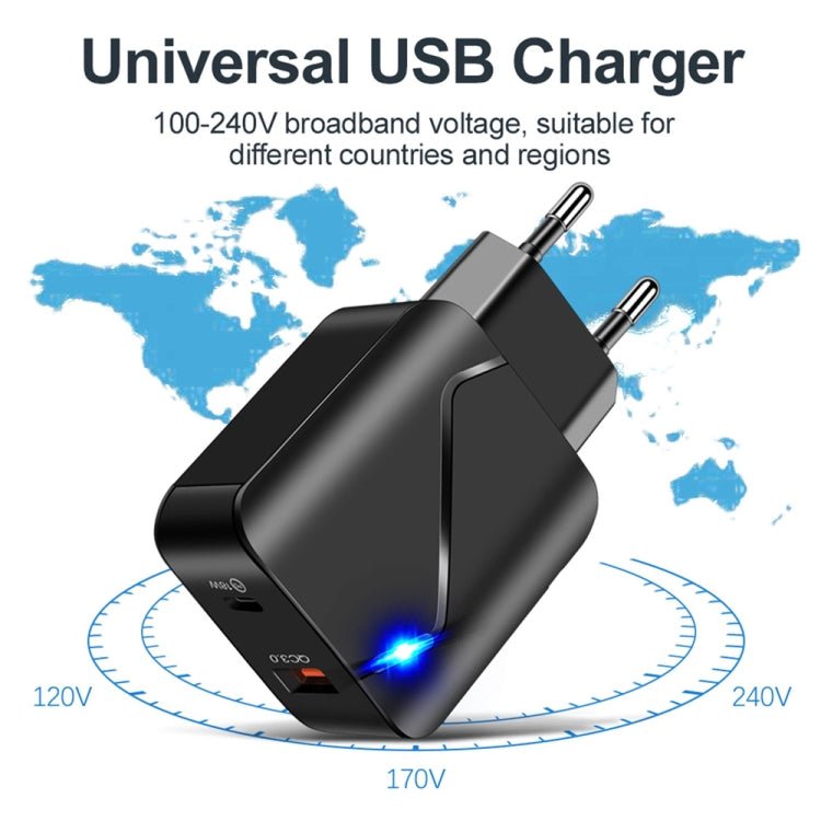 LZ - 819A+C 18W QC3.0 USB + PD USB - C / Type - C Interface Travel Charger with Indicator Light + USB to 8 Pin Fast Charging Data Cable Set, EU Plug, EU Plug - ORIWHIZ