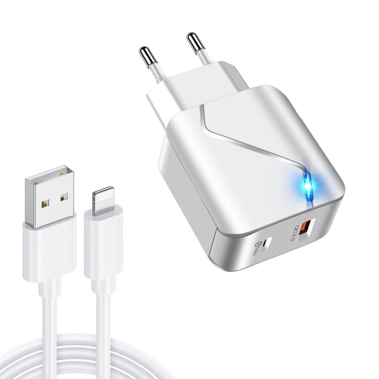 LZ - 819A+C 18W QC3.0 USB + PD USB - C / Type - C Interface Travel Charger with Indicator Light + USB to 8 Pin Fast Charging Data Cable Set, EU Plug, EU Plug - ORIWHIZ