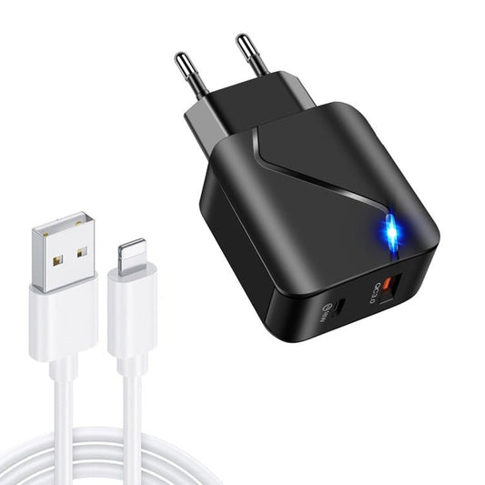 LZ - 819A+C 18W QC3.0 USB + PD USB - C / Type - C Interface Travel Charger with Indicator Light + USB to 8 Pin Fast Charging Data Cable Set, EU Plug, EU Plug - ORIWHIZ