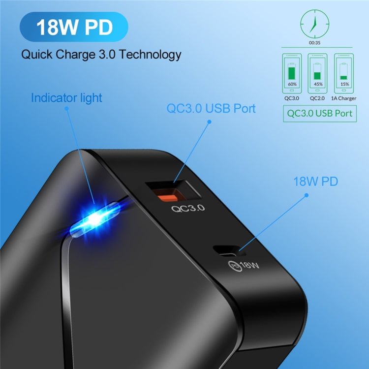LZ - 819A+C 18W QC3.0 USB + PD USB - C / Type - C Interface Travel Charger with Indicator Light + USB to 8 Pin Fast Charging Data Cable Set, EU Plug, EU Plug - ORIWHIZ