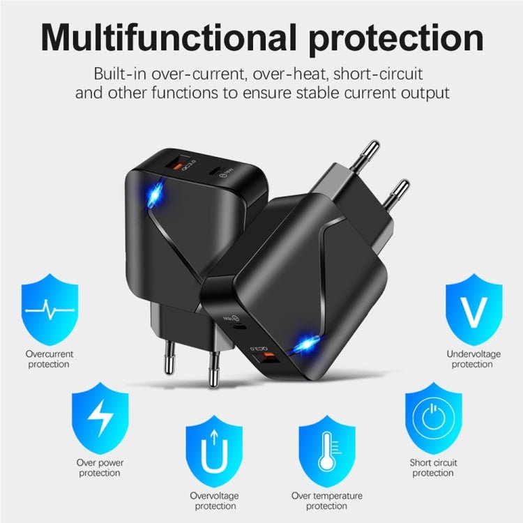 LZ - 819A+C 18W QC3.0 USB + PD USB - C / Type - C Interface Travel Charger with Indicator Light + USB to 8 Pin Fast Charging Data Cable Set, EU Plug, EU Plug - ORIWHIZ