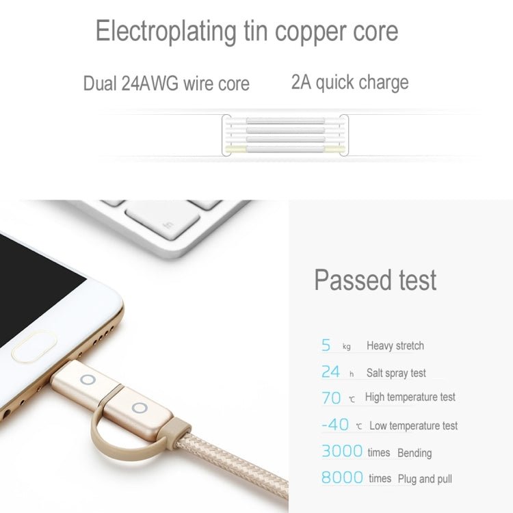Meizu 1m 2 in 1 Noodle Weave Style Metal Head 5V 2.0A USB - C / Type - C + Micro USB to USB 2.0 Data Sync Charging Cable - ORIWHIZ