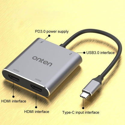 Onten 9175K 4 in 1 USB - C / Type - C to Dual HDMI + USB 3.0 + PD3.0 USB - C / Type - C Charging Port 4K HD Video Converter, 9175K - ORIWHIZ