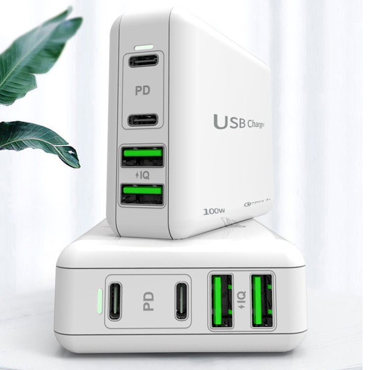 PD 100W Dual USB - C / Type - C + Dual USB 4 - port Charger with Power Cable for Apple / Huawei / Samsung Laptop, EU Plug, US Plug, UK Plug - ORIWHIZ