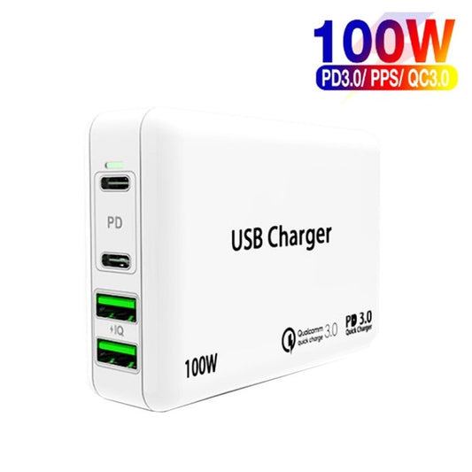 PD 100W Dual USB - C / Type - C + Dual USB 4 - port Charger with Power Cable for Apple / Huawei / Samsung Laptop, EU Plug, US Plug, UK Plug - ORIWHIZ