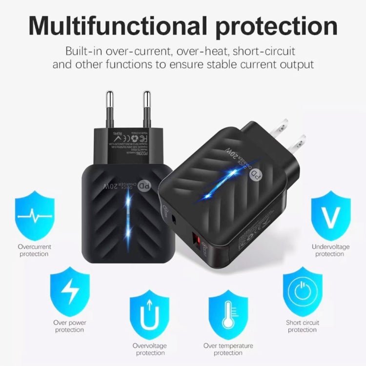 PD03 20W PD3.0 + QC3.0 USB Charger with Type - C to Type - C Data Cable, EU Plug, EU Plug + Type - C to Type - C Cable - ORIWHIZ