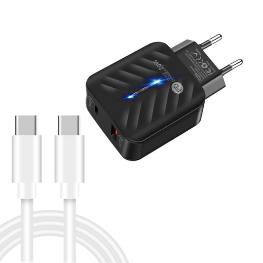 PD03 20W PD3.0 + QC3.0 USB Charger with Type - C to Type - C Data Cable, EU Plug, EU Plug + Type - C to Type - C Cable - ORIWHIZ
