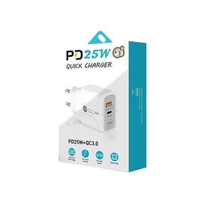 PD25W USB - C / Type - C + QC3.0 USB Dual Ports Fast Charger with USB - C to USB - C Data Cable, EU Plug, EU Plug + USB - C to USB - C Cable - ORIWHIZ