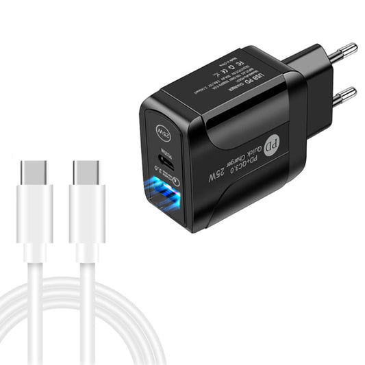 PD25W USB - C / Type - C + QC3.0 USB Dual Ports Fast Charger with USB - C to USB - C Data Cable, EU Plug, EU Plug + USB - C to USB - C Cable - ORIWHIZ