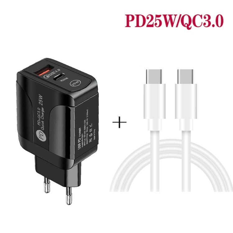 PD25W USB - C / Type - C + QC3.0 USB Dual Ports Fast Charger with USB - C to USB - C Data Cable, EU Plug, EU Plug + USB - C to USB - C Cable - ORIWHIZ