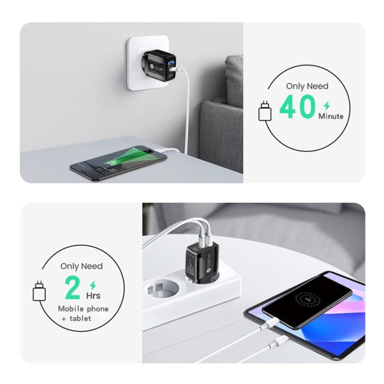 PD25W USB - C / Type - C + QC3.0 USB Dual Ports Fast Charger with USB - C to USB - C Data Cable, EU Plug, EU Plug + USB - C to USB - C Cable - ORIWHIZ