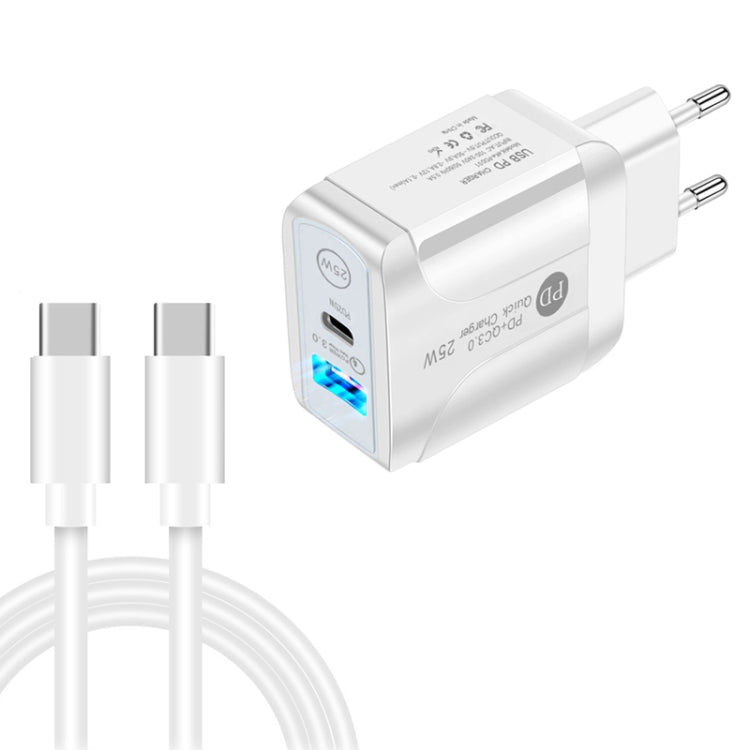 PD25W USB - C / Type - C + QC3.0 USB Dual Ports Fast Charger with USB - C to USB - C Data Cable, EU Plug, EU Plug + USB - C to USB - C Cable - ORIWHIZ