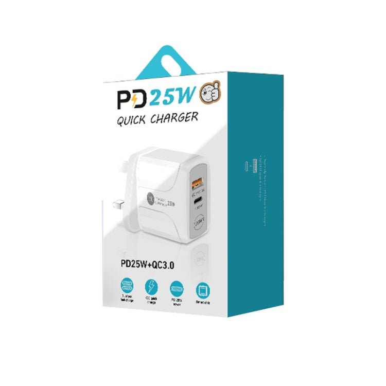 PD25W USB - C / Type - C + QC3.0 USB Dual Ports Fast Charger with USB - C to USB - C Data Cable, UK Plug, UK Plug + USB - C to USB - C Cable - ORIWHIZ