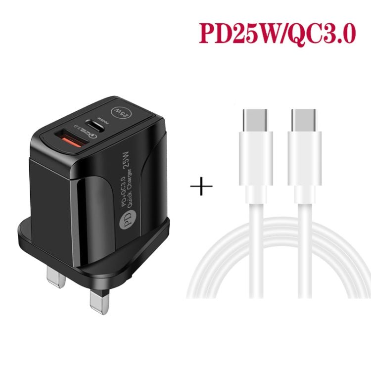 PD25W USB - C / Type - C + QC3.0 USB Dual Ports Fast Charger with USB - C to USB - C Data Cable, UK Plug, UK Plug + USB - C to USB - C Cable - ORIWHIZ