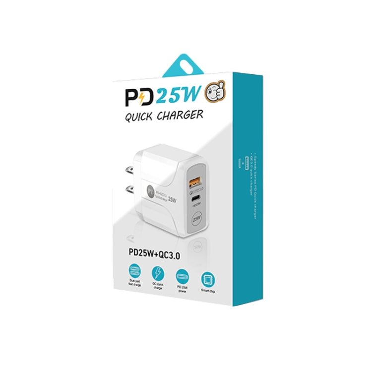 PD25W USB - C / Type - C + QC3.0 USB Dual Ports Fast Charger with USB - C to USB - C Data Cable, US Plug, US Plug + USB - C to USB - C Cable - ORIWHIZ