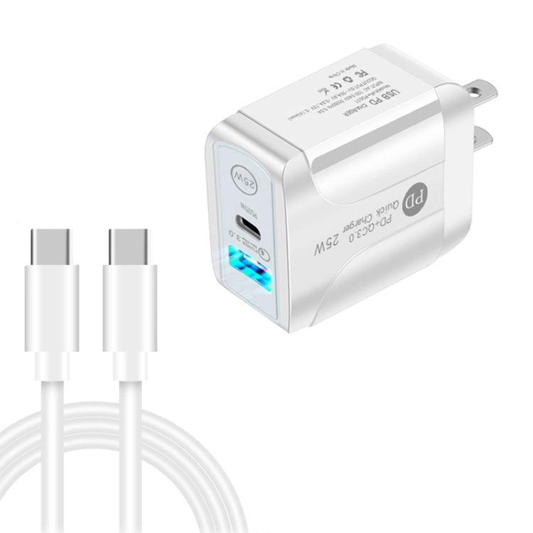PD25W USB - C / Type - C + QC3.0 USB Dual Ports Fast Charger with USB - C to USB - C Data Cable, US Plug, US Plug + USB - C to USB - C Cable - ORIWHIZ