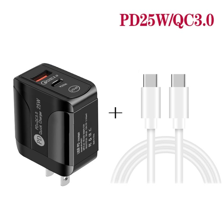 PD25W USB - C / Type - C + QC3.0 USB Dual Ports Fast Charger with USB - C to USB - C Data Cable, US Plug, US Plug + USB - C to USB - C Cable - ORIWHIZ