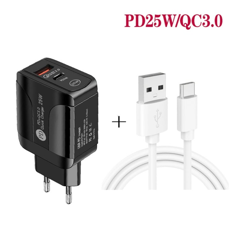PD25W USB - C / Type - C + QC3.0 USB Dual Ports Fast Charger with USB to Type - C Data Cable, EU Plug, EU Plug + USB to Type - C Cable - ORIWHIZ