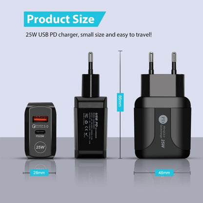 PD25W USB - C / Type - C + QC3.0 USB Dual Ports Fast Charger with USB to Type - C Data Cable, EU Plug, EU Plug + USB to Type - C Cable - ORIWHIZ