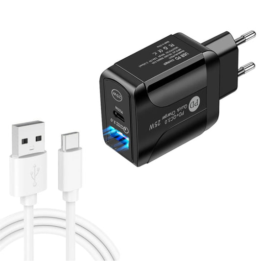 PD25W USB - C / Type - C + QC3.0 USB Dual Ports Fast Charger with USB to Type - C Data Cable, EU Plug, EU Plug + USB to Type - C Cable - ORIWHIZ