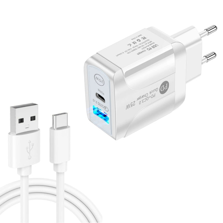 PD25W USB - C / Type - C + QC3.0 USB Dual Ports Fast Charger with USB to Type - C Data Cable, EU Plug, EU Plug + USB to Type - C Cable - ORIWHIZ