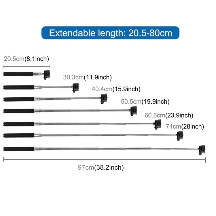 PULUZ Extendable Handheld Selfie Monopod for GoPro, Insta360, DJI and Other Action Cameras, Length: 22.5 - 80cm, Length: 22.5 - 100cm - ORIWHIZDJI & Insta360 AccessoriesExtendable PolePULUZ