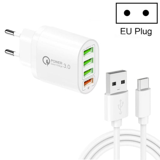 QC - 04 QC3.0 + 3 x USB2.0 Multi - ports Charger with 3A USB to Type - C Data Cable, EU Plug, EU Plug + Type - C Cable - ORIWHIZ