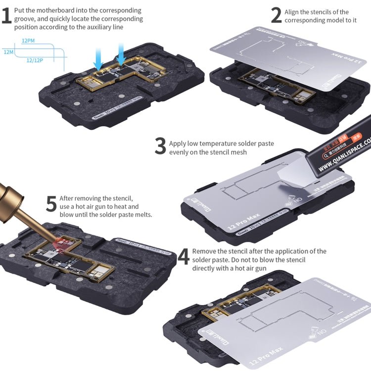 Qianli 10 in 1 Middle Frame Reballing Platform For iPhone X / XS / XS Max / 11 / 11 Pro / 11 Pro Max / 12 / 12 Pro / 12 mini / 12 Pro Max, For iPhone X - 12 Pro Max - ORIWHIZ