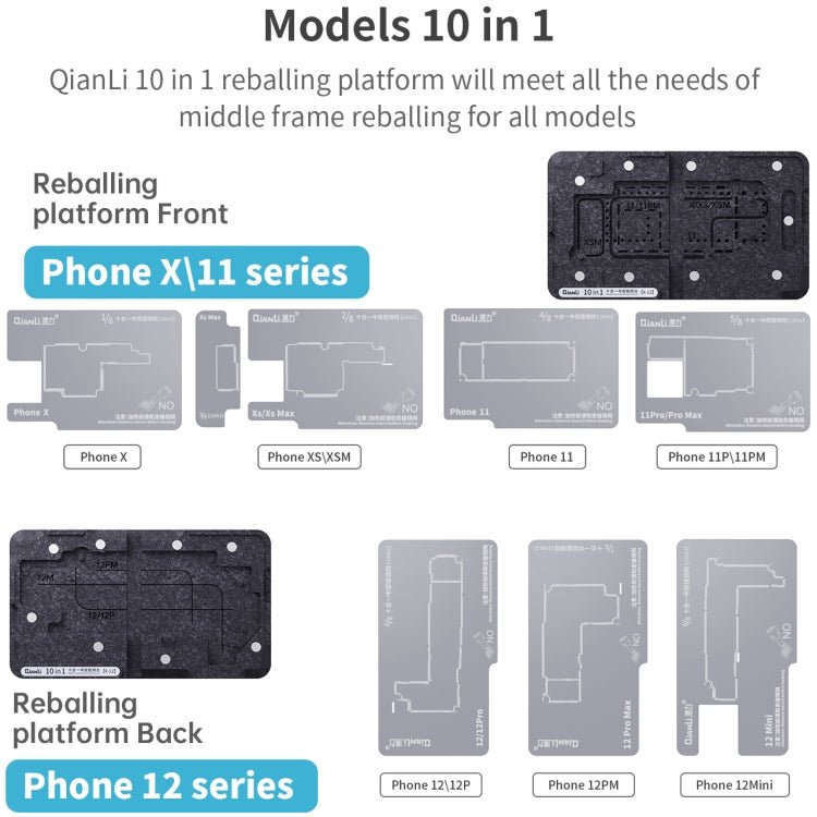 Qianli 10 in 1 Middle Frame Reballing Platform For iPhone X / XS / XS Max / 11 / 11 Pro / 11 Pro Max / 12 / 12 Pro / 12 mini / 12 Pro Max, For iPhone X - 12 Pro Max - ORIWHIZ