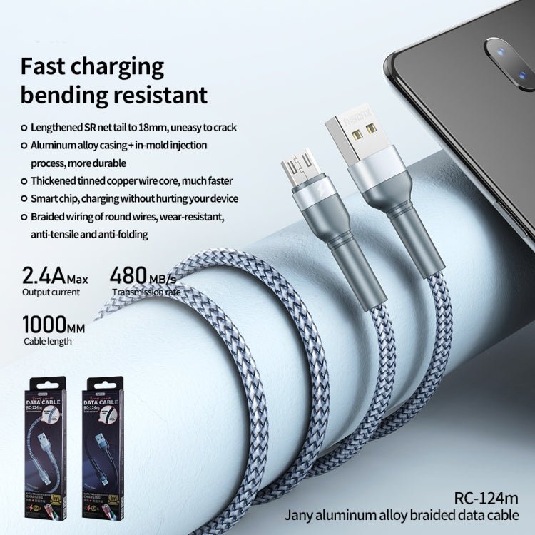 REMAX RC - 124m 1m 2.4A USB to Micro USB Aluminum Alloy Braid Fast Charging Data Cable, Micro USB - ORIWHIZ