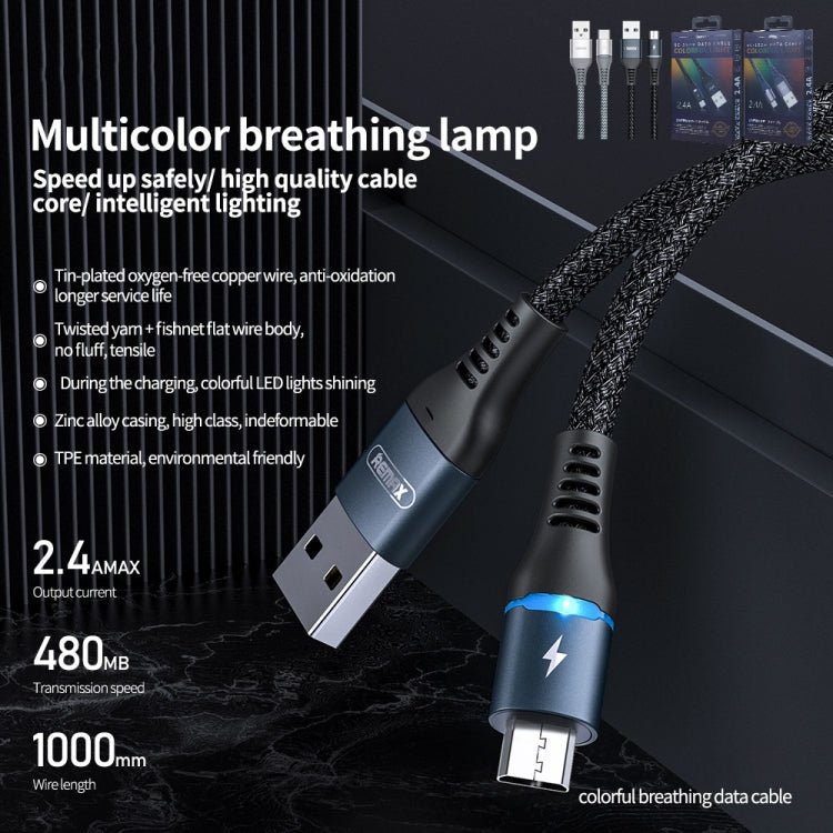 REMAX RC - 152M 1m 2.4A USB to Micro USB Colorful Breathing Data Cable, Micro USB - ORIWHIZ
