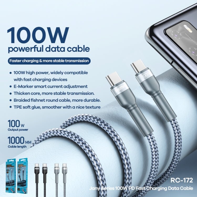 REMAX RC - 172 Jany Series 1m PD100W Type - C to USB - C / Type - C Aluminum Alloy Braid Fast Charging Data Cable, Type - C to USB - C / Type - C - ORIWHIZ
