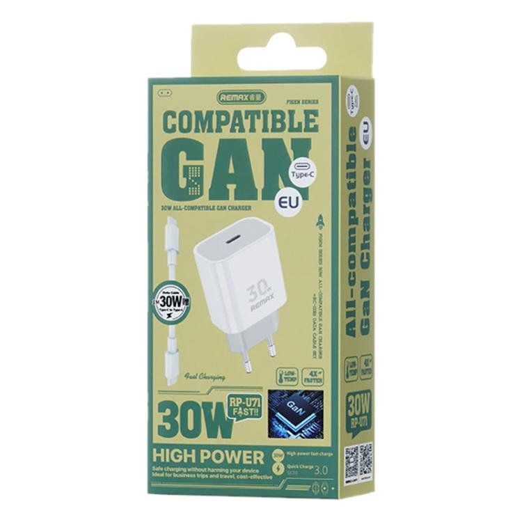 REMAX RP - U71 30W Type - C All - compatible GaN Charger with Data Cable, EU Plug, UK Plug - ORIWHIZ