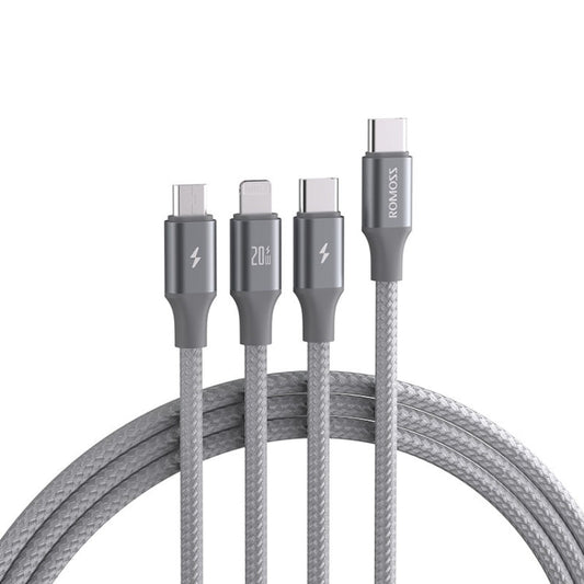 ROMOSS CB263N 1.5m PD20W Car Mobile Phone 3 In 1 TYPE - C Fast Charging Data Cable, Gray, Black - ORIWHIZ