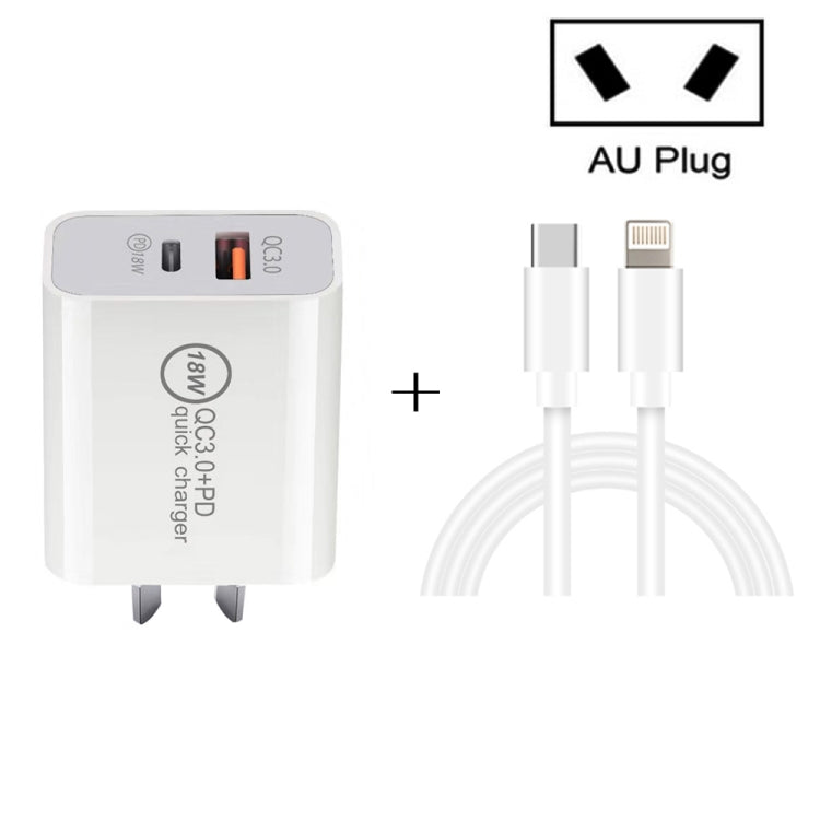SDC - 18W 18W PD + QC 3.0 USB Dual Port Fast Charging Universal Travel Charger with Type - C / USB - C to 8 Pin Fast Charging Data Cable, AU Plug, Type - C / USB - C to 8 Pin (AU Plug) - ORIWHIZ
