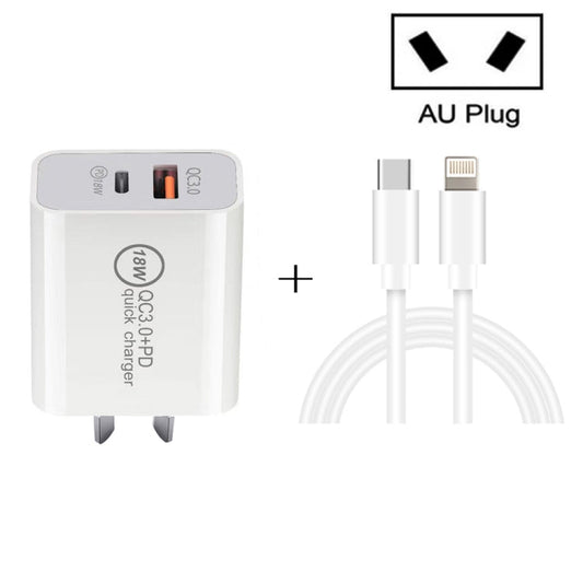 SDC - 18W 18W PD + QC 3.0 USB Dual Port Fast Charging Universal Travel Charger with Type - C / USB - C to 8 Pin Fast Charging Data Cable, AU Plug, Type - C / USB - C to 8 Pin (AU Plug) - ORIWHIZ