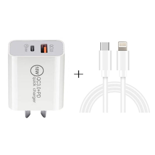 SDC - 18W 18W PD + QC 3.0 USB Dual Port Fast Charging Universal Travel Charger with Type - C / USB - C to 8 Pin Fast Charging Data Cable, AU Plug, Type - C / USB - C to 8 Pin (AU Plug) - ORIWHIZ