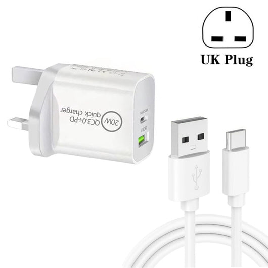 SDC - 20WA+C 20W PD 3.0 + QC 3.0 USB Dual Fast Charging Universal Travel Charger with USB to Type - C / USB - C Fast Charging Data Cable, UK Plug, USB to Type - C / USB - C (UK Plug) - ORIWHIZ