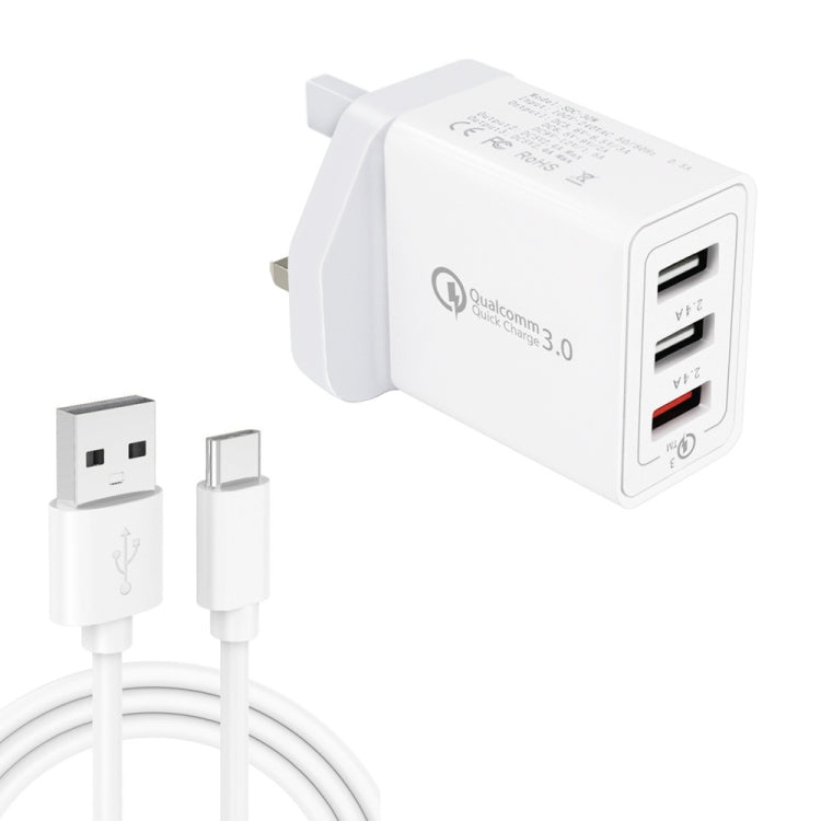 SDC - 30W 2 in 1 USB to USB - C / Type - C Data Cable + 30W QC 3.0 USB + 2.4A Dual USB 2.0 Ports Mobile Phone Tablet PC Universal Quick Charger Travel Charger Set, UK Plug, with USB - C / Type - C Cable, UK Plug - ORIWHIZ