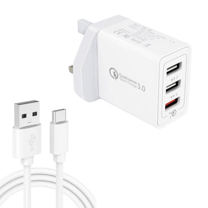 SDC - 30W 2 in 1 USB to USB - C / Type - C Data Cable + 30W QC 3.0 USB + 2.4A Dual USB 2.0 Ports Mobile Phone Tablet PC Universal Quick Charger Travel Charger Set, UK Plug, with USB - C / Type - C Cable, UK Plug - ORIWHIZ