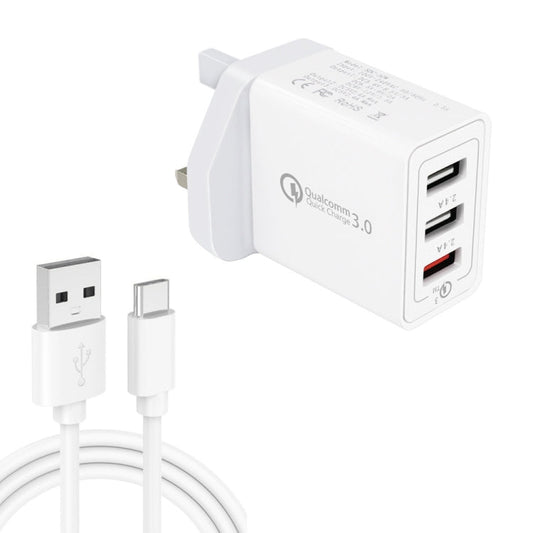 SDC - 30W 2 in 1 USB to USB - C / Type - C Data Cable + 30W QC 3.0 USB + 2.4A Dual USB 2.0 Ports Mobile Phone Tablet PC Universal Quick Charger Travel Charger Set, UK Plug, with USB - C / Type - C Cable, UK Plug - ORIWHIZ