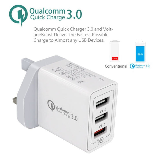SDC - 30W 2 in 1 USB to USB - C / Type - C Data Cable + 30W QC 3.0 USB + 2.4A Dual USB 2.0 Ports Mobile Phone Tablet PC Universal Quick Charger Travel Charger Set, UK Plug, with USB - C / Type - C Cable, UK Plug - ORIWHIZ