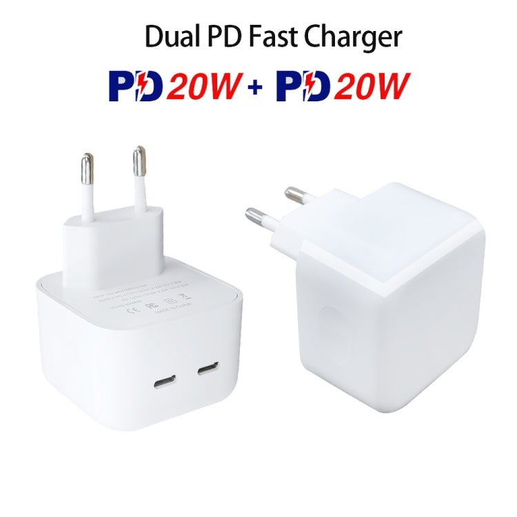 SDC - 40W Dual PD USB - C / Type - C Ports Charger with Type - C to Type - C Data Cable, EU Plug, EU Plug + 1m Type - C Cable, EU Plug + 2m Type - C Cable - ORIWHIZ