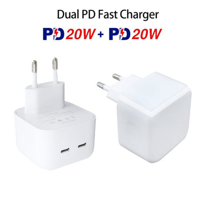 SDC - 40W Dual PD USB - C / Type - C Ports Charger with Type - C to Type - C Data Cable, EU Plug, EU Plug + 1m Type - C Cable, EU Plug + 2m Type - C Cable - ORIWHIZ