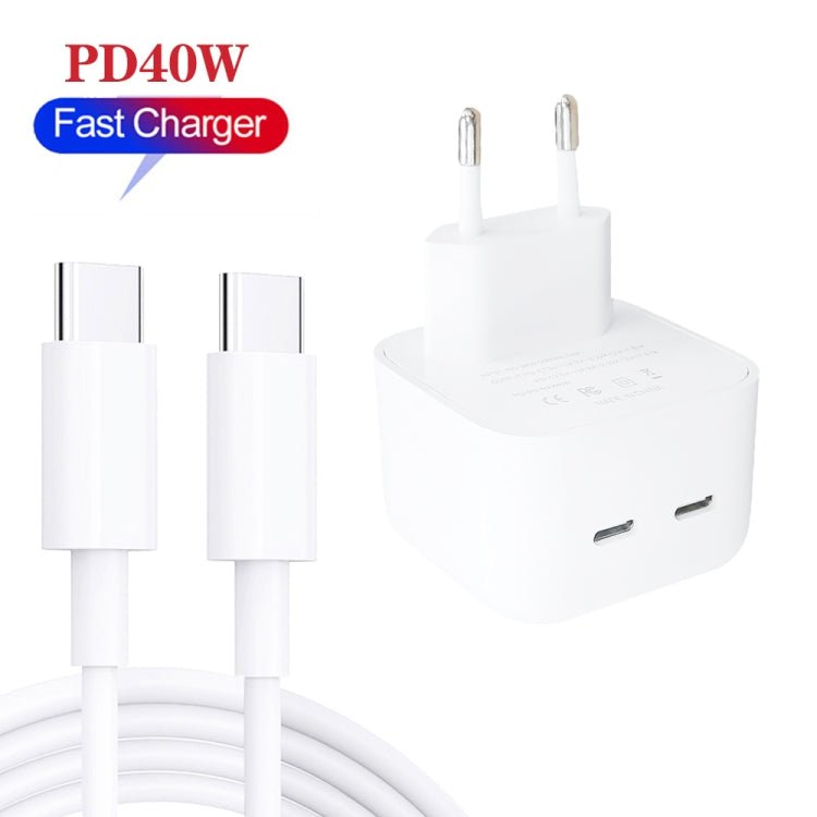 SDC - 40W Dual PD USB - C / Type - C Ports Charger with Type - C to Type - C Data Cable, EU Plug, EU Plug + 1m Type - C Cable, EU Plug + 2m Type - C Cable - ORIWHIZ